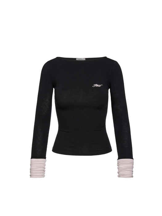 Boat Neck Two-Tone Long Sleeve Top (BLACKPINK)