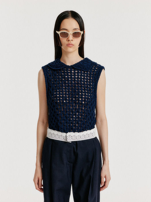 YELT Cable Knit Collared Top - Navy