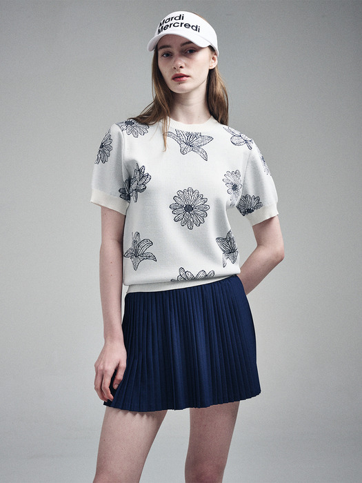 ALL OVER FLOWERS KNIT TOP HALF SLEEVE_IVORY NAVY
