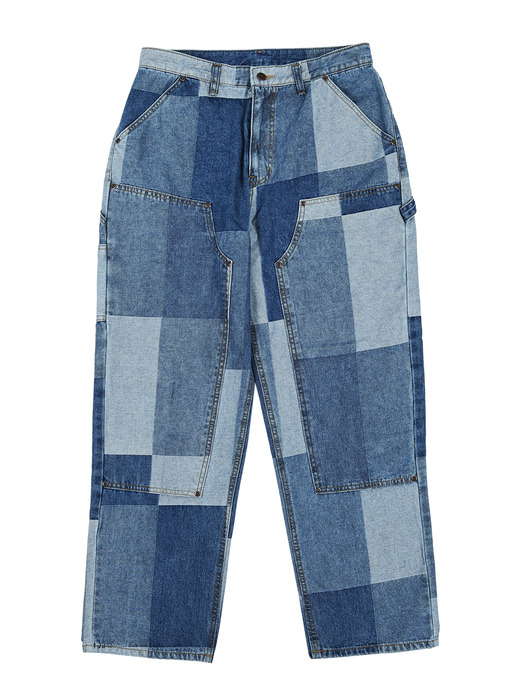 jacquard patchwork double knee pants_blue