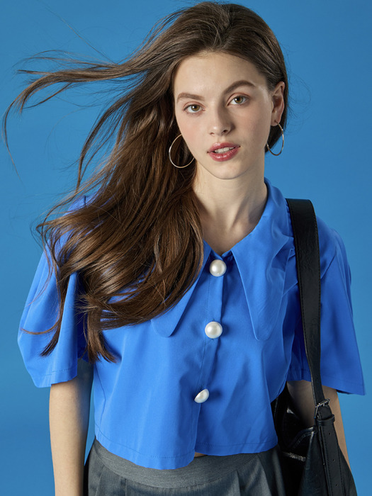 WOMEN 여름 피케 카라 퍼프 진주 크롭 반팔 셔츠 [BLUE]