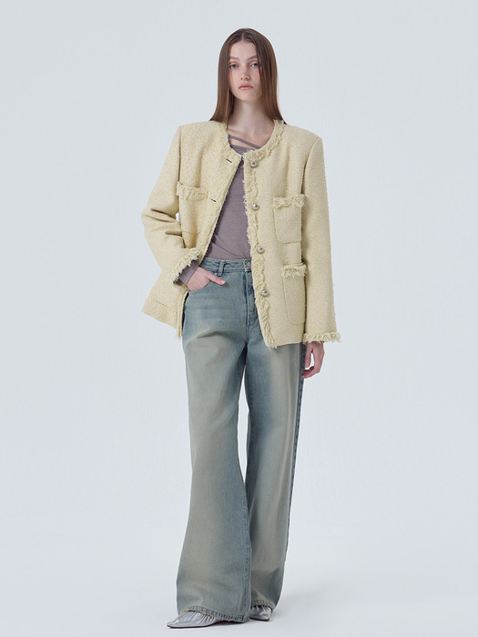 Fringe Pocket Tweed Jacket, Cream Yellow