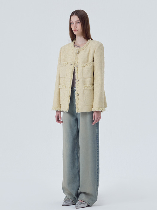 Fringe Pocket Tweed Jacket, Cream Yellow