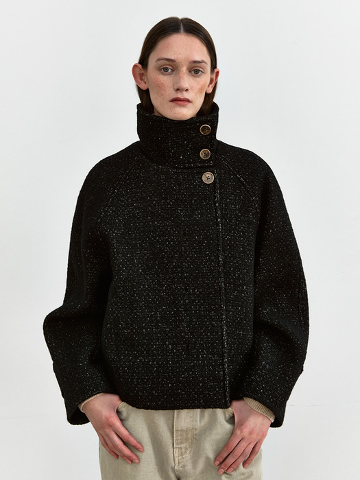 TWW HIGH NECK BUCLE TWEED HALF COAT _2COLORS