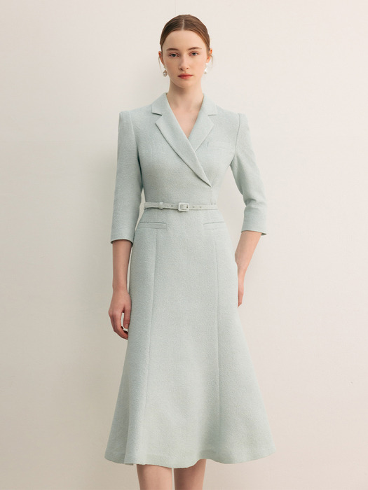 RAYA Double breasted mermaid tweed long dress (Mint/Ivory/Black)
