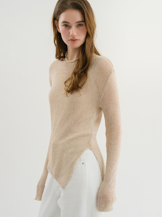 D Slit Linen Boat Neck Knit_Mix Beige