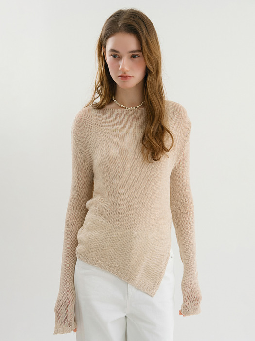 D Slit Linen Boat Neck Knit_Mix Beige