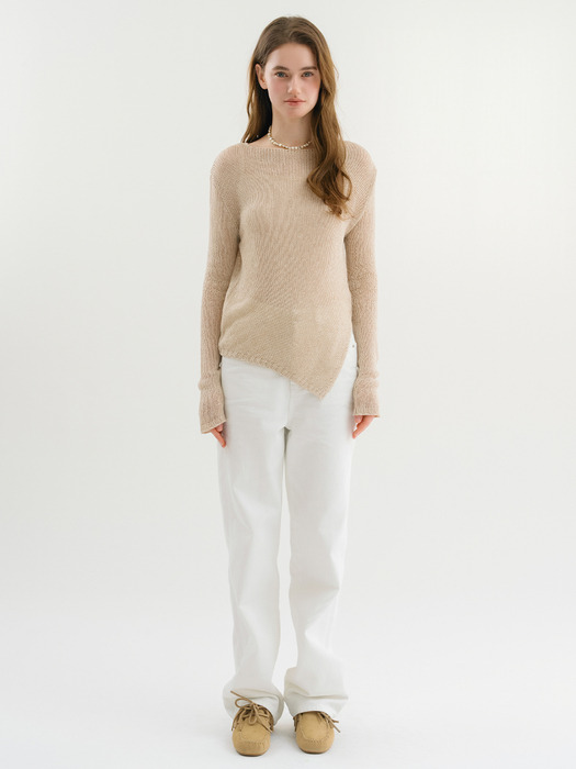 D Slit Linen Boat Neck Knit_Mix Beige