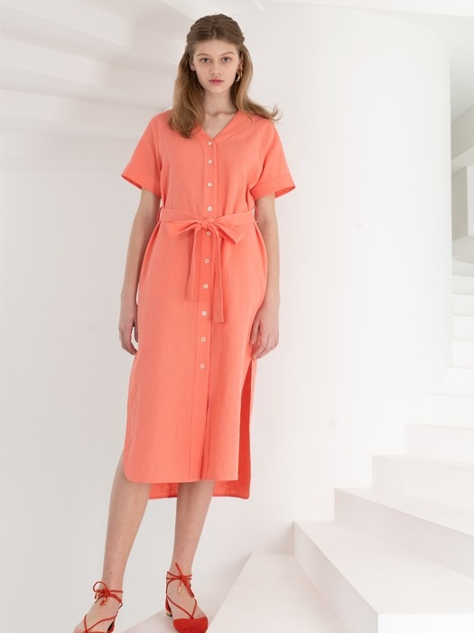 LINEN FRONT BUTTON DRESS . CORAL