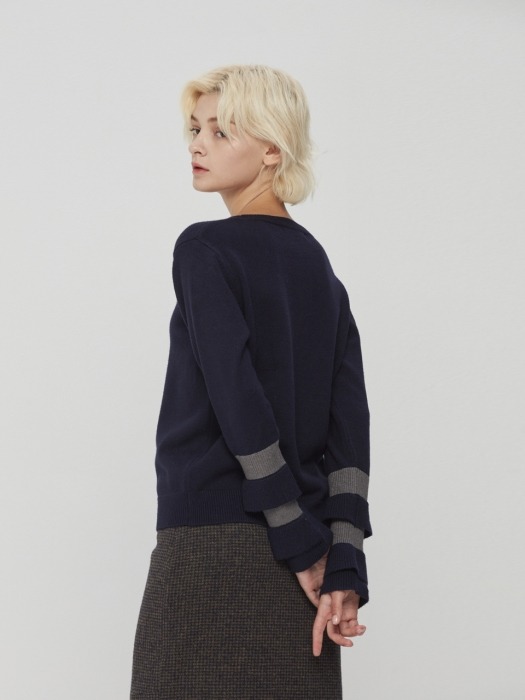 Ruffle Bicolor Sleeve Knit Pullover Navy