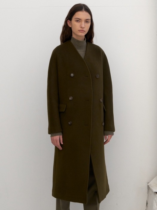Collarless lambswool coat (Dark khaki)