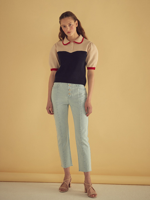 PUFF SLEEVES KNIT TOP - NAVY/PINK