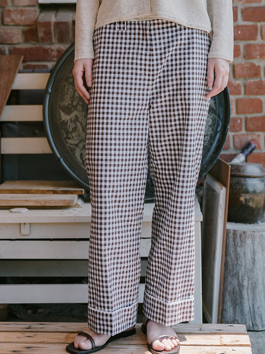 BROWN COTTON LINEN GINGHAM PANTS