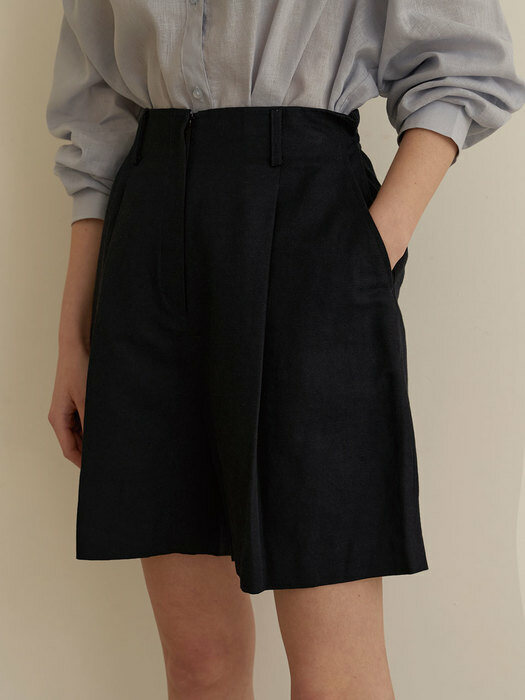 Wide linen shorts-Navy