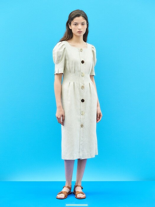 Natural Linen Puff Button Dress