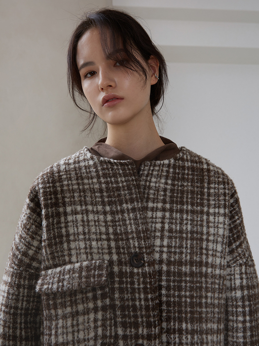 BOUCLE WOOL CHECK JACKET-BROWN
