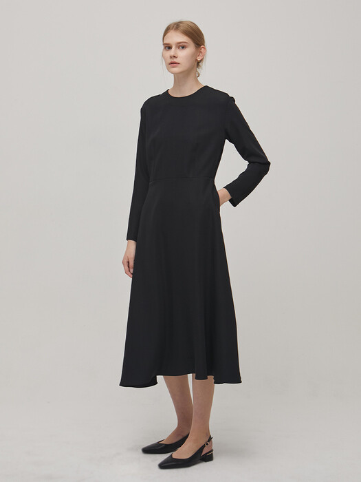 Long Sleeve Flare Dress - Black