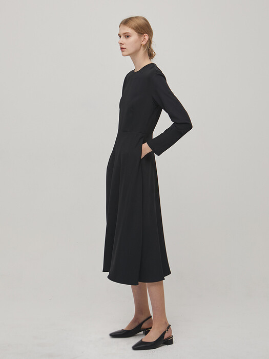 Long Sleeve Flare Dress - Black