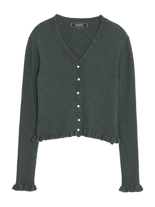 Frill V Neck Knit Cardigan in Charcoal_VK0WD2700