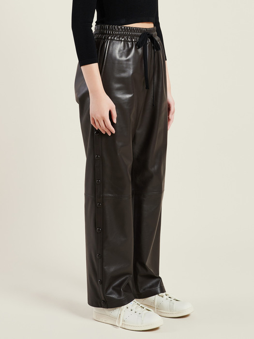 BROWN LEATHER BENDED SIDE BUTTON TROUSERS