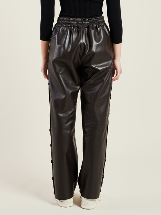 BROWN LEATHER BENDED SIDE BUTTON TROUSERS