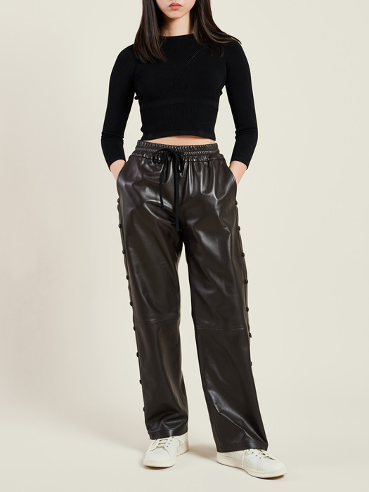 BROWN LEATHER BENDED SIDE BUTTON TROUSERS