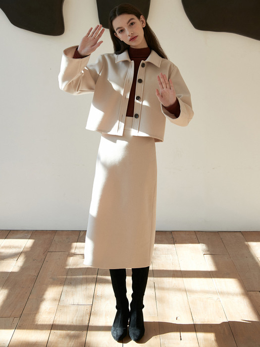 J600 [SET] woolen short shirts jacket + woolen H skirt (beige)