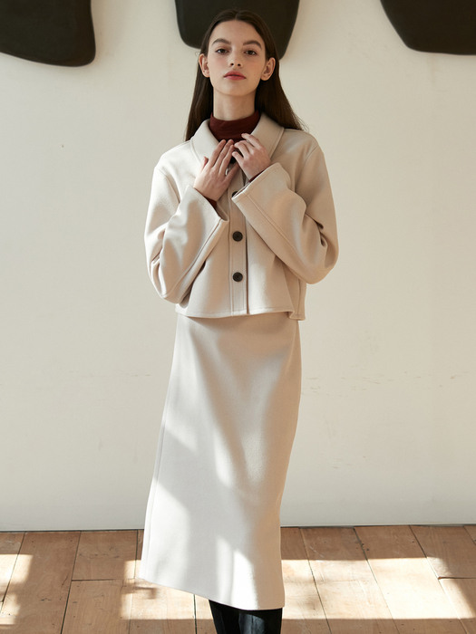 J600 [SET] woolen short shirts jacket + woolen H skirt (beige)