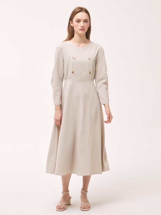 Shirring Double Button Flare Dress - Beige