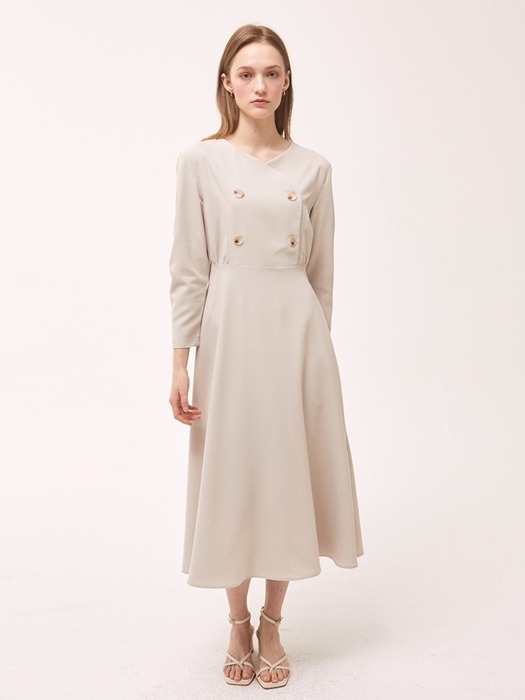 Shirring Double Button Flare Dress - Beige