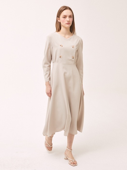 Shirring Double Button Flare Dress - Beige