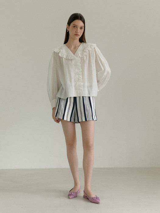 PONNY_Ruffle Triming Collar Sheer-Cotton Blouse_White