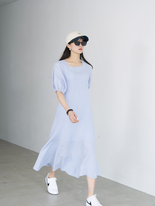 21 Summer_ Blue Linen Balloon Sleeve Dress