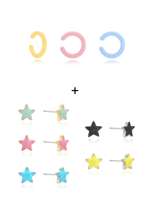 [2SET]Pastel Three Colors Earcuff+Twinkle Little Star Post Earring_5Color