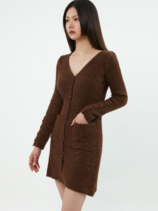 C BUTTON POINT METALLIC KNIT DRESS_BROWN