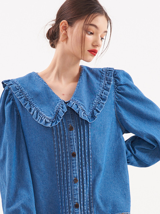 UP-140 Shirring collor denim blouse_blue