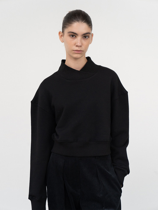 cotton half-neck short sweatshirt (black)