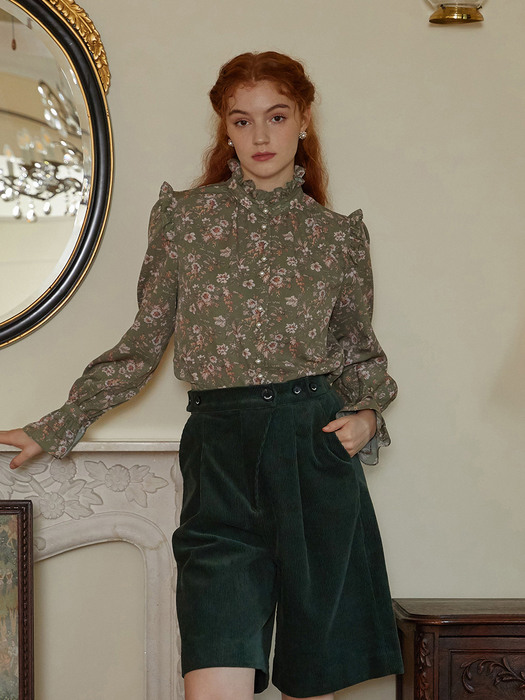 KHAKI FLOWER FRILL BLOUSE