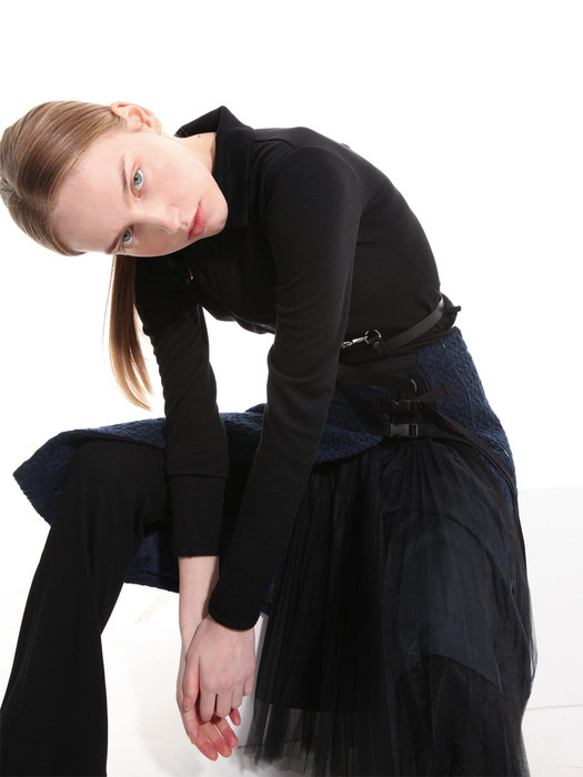 Midnight blue tweed wrap skirt with tulle pleats