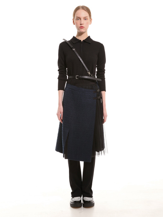 Midnight blue tweed wrap skirt with tulle pleats