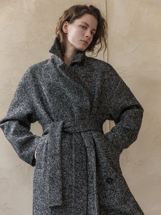 Wool Herringbone Side Button  Long Coat 