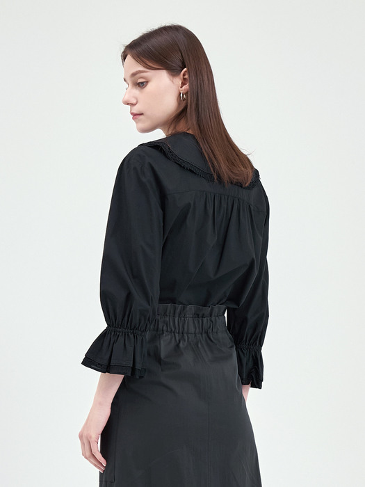 RUFFLE COLLAR COTTON BLOUSE-BLACK