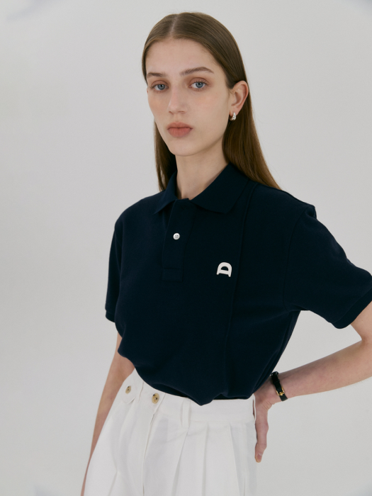 UNISEX LEATHER LOGO POLO SHIRT FRENCH NAVY_UDTS2B128N2