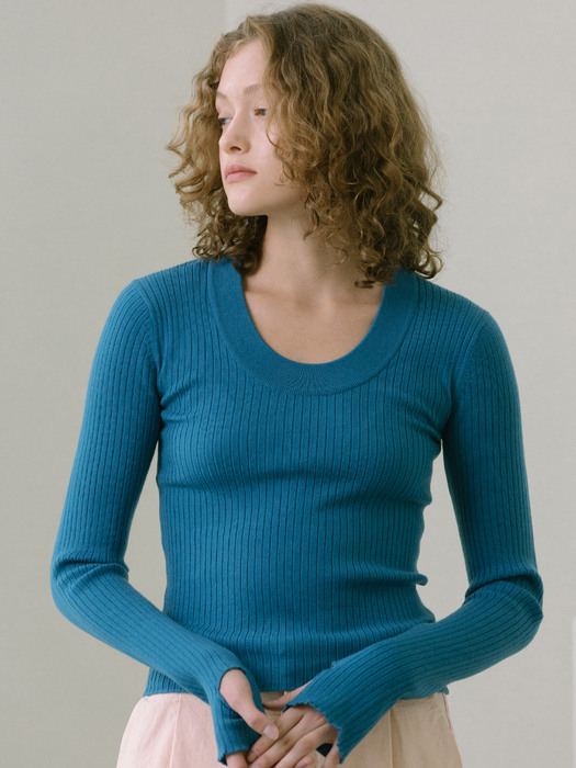 LONG SLEEVE RIBBED TOP - FRENCH BLUE