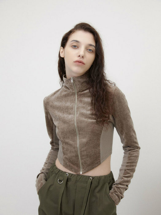 Velour zip-up top - Taupe
