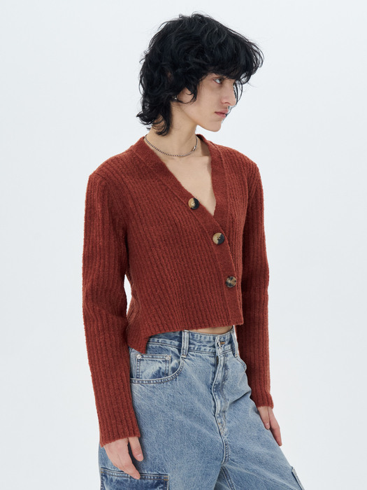 RIBBED-KNIT CROPPED CARDIGAN(BRICK)