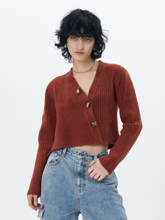 RIBBED-KNIT CROPPED CARDIGAN(BRICK)