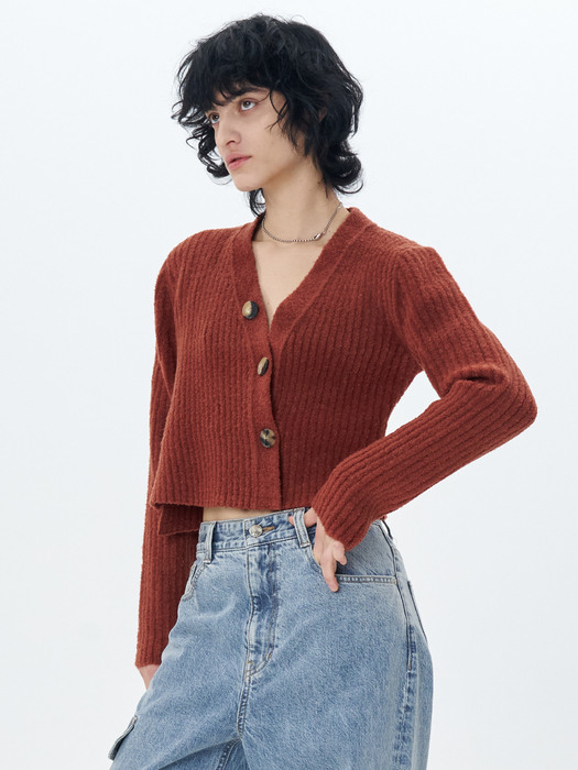 RIBBED-KNIT CROPPED CARDIGAN(BRICK)