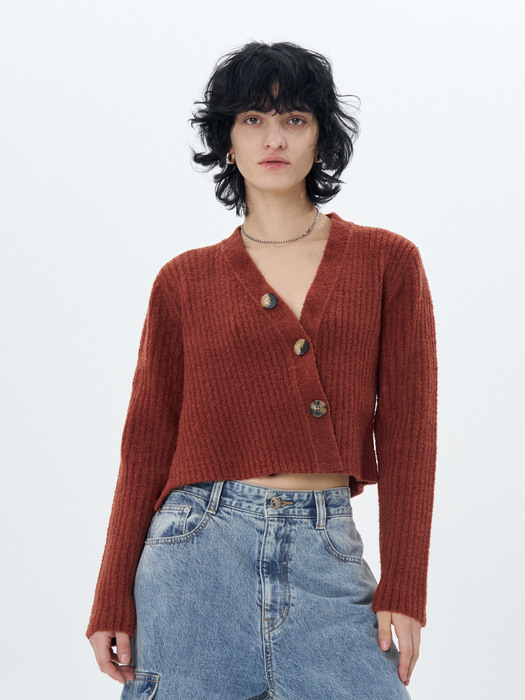 RIBBED-KNIT CROPPED CARDIGAN(BRICK)