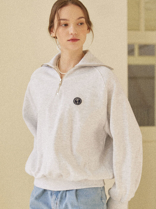 Rose Wappen Rib Block Half Zip-up Sweatshirt - Light Grey